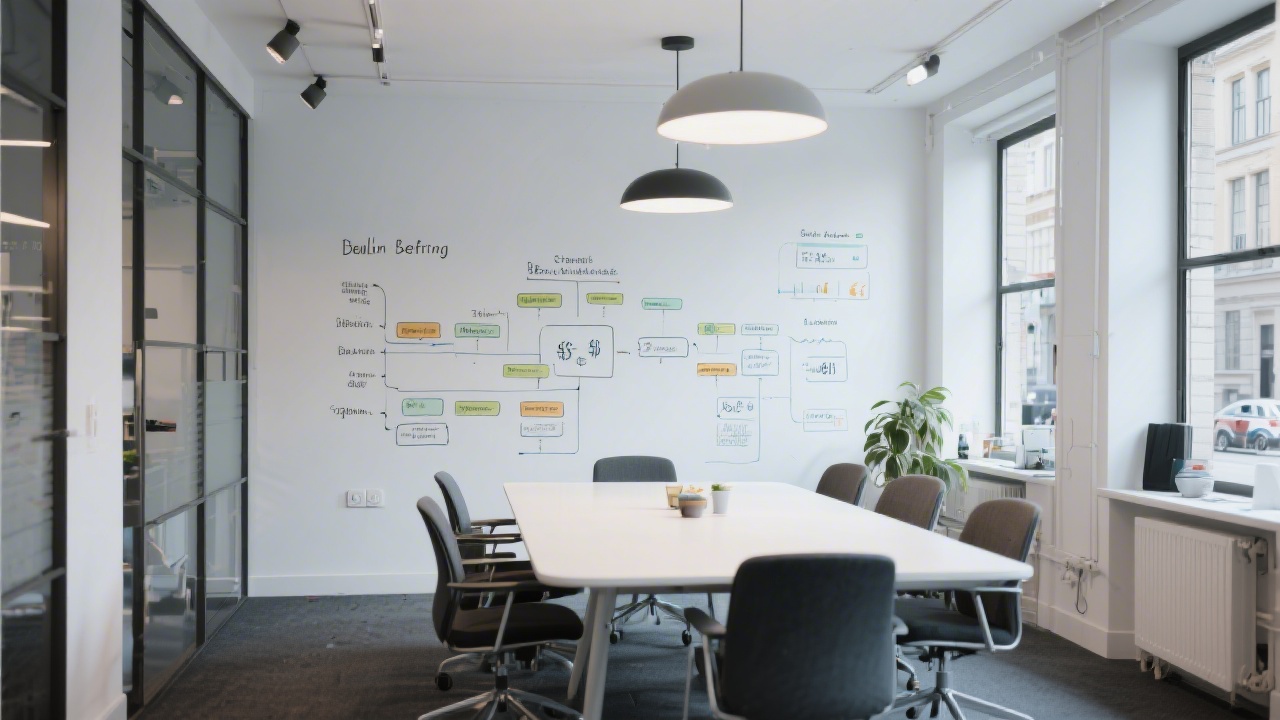 Modern Berlin office near Friedrichstrasse with collaborative meeting space and whiteboard dedicated to structured financial planning workflows.
