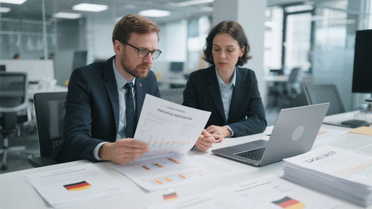 Finance compliance specialists validating German SKR charts while referencing printed regulatory manuals and a secure laptop within a modern collaboration space.