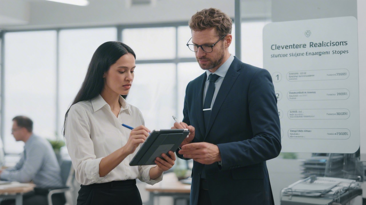 Client relations specialist discussing structured engagement steps with a finance manager while noting priorities on a digital tablet.