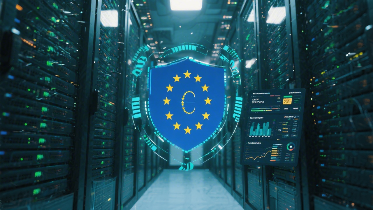 Secure data infrastructure with encrypted servers, network firewalls, and compliance dashboards ensuring European data protection for financial consulting projects.