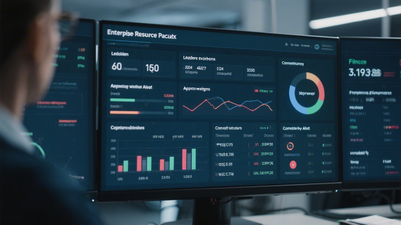 Close up of enterprise resource planning dashboard displaying ledger exceptions, approval workflows, and compliance alerts on a widescreen monitor within a finance command center.