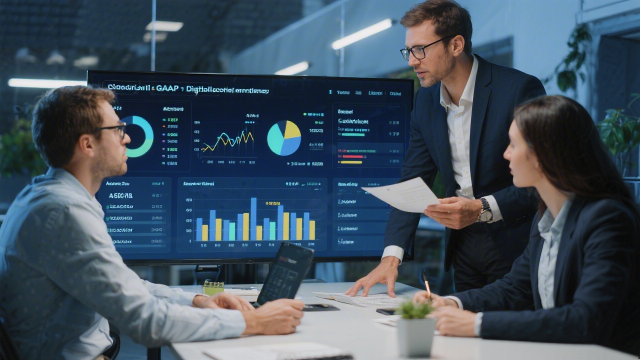 Modern accounting professionals collaborating on digital ledger structure while discussing German GAAP compliance requirements around a large interactive financial dashboard.