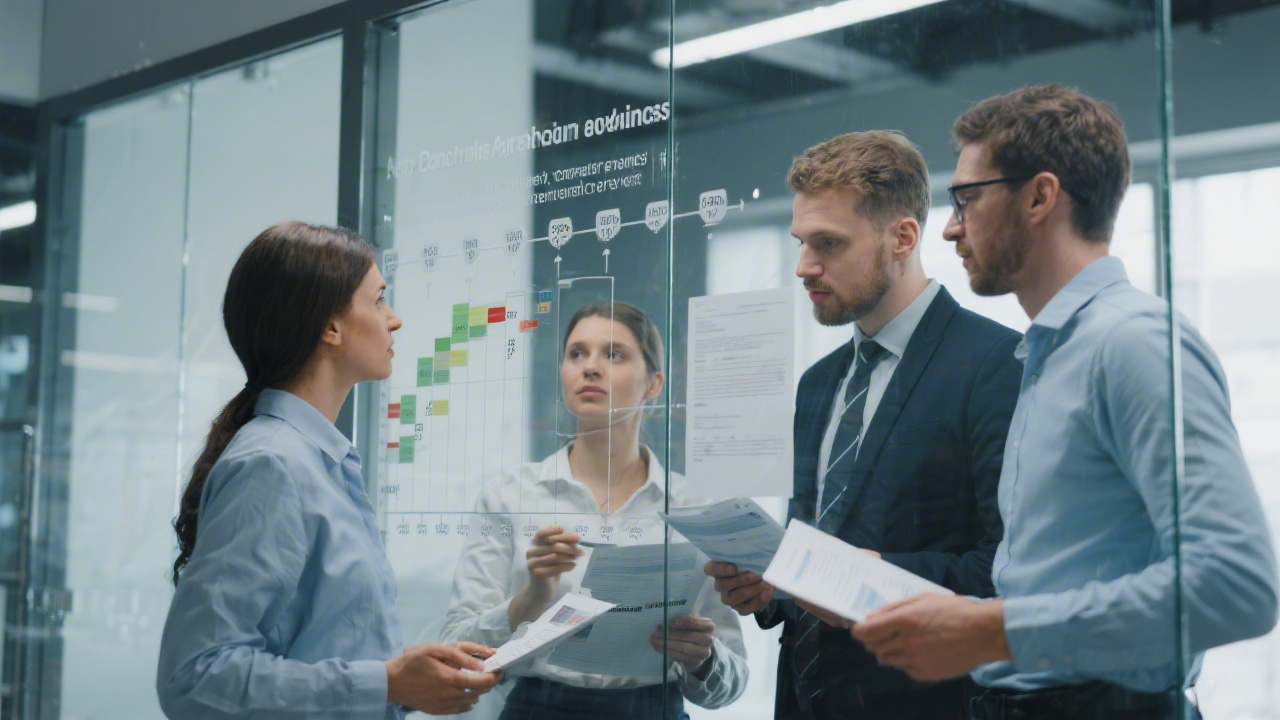 Young consulting team reviewing finance process documentation on a glass board while aligning structured milestones for a German chart of accounts rollout.